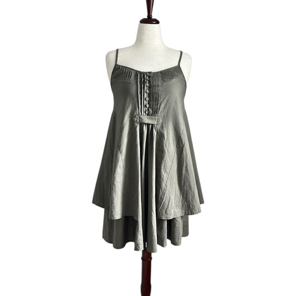 Miila Linen Blend Slip Dress Tiered Olive Green Button Front LagenLook Size M